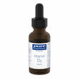 Eine braune Glasflasche mit einer weißen Etikette, auf der "pure encapsulations Vitamin D3 liquid" steht. Die Flasche hat einen schwarzen Tropfverschluss.