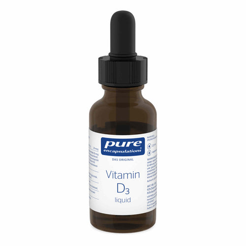 Eine braune Glasflasche mit einer weißen Etikette, auf der "pure encapsulations Vitamin D3 liquid" steht. Die Flasche hat einen schwarzen Tropfverschluss.