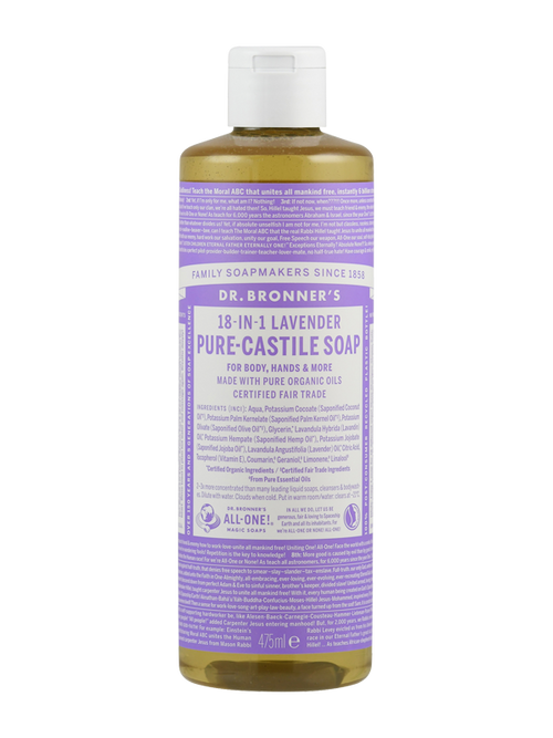 Das Bild zeigt eine Flasche Dr. Bronner's 18-in-1 Lavendel Pure-Castile Seife. Die Flasche ist zylinderförmig und hat ein lila Etikett mit weißen und lila Texten. Die Seife ist für Körper, Hände und mehr geeignet und besteht aus zertifizierten Bio-Ölen. Sie ist fair gehandelt und vegan. Die Flasche hat einen weißen Verschluss und fasst 475 ml. Auf dem Etikett sind zahlreiche Informationen zu Inhaltsstoffen und Nutzungsmöglichkeiten abgedruckt.