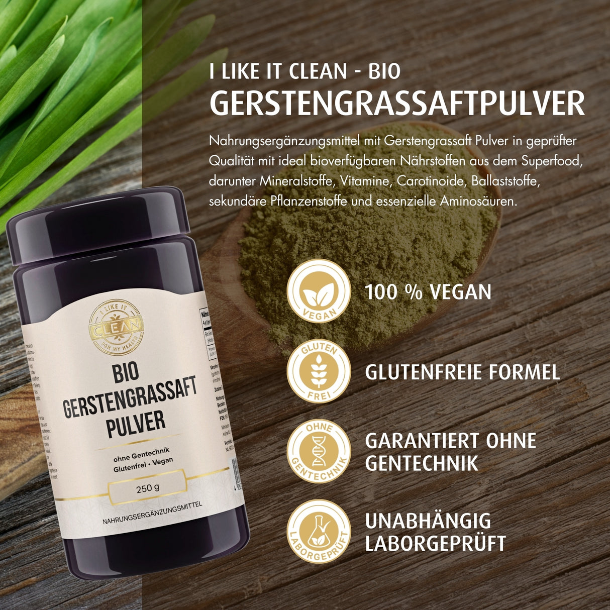 Ein Behälter mit der Aufschrift 'Bio Gerstengrassaft Pulver' steht im Zentrum. Um den Behälter herum sind Symbole und Texte, die Eigenschaften wie 'Bio Qualität', 'Reines Pulver', 'Glutenfrei', '21-fach konzentriert', 'Höchste Bioverfügbarkeit' und 'Aus Utah, USA' beschreiben. Der Hintergrund ist neutral und weich.