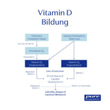 Ein Diagramm zur Vitamin-D-Bildung zeigt den Prozess von 7-Dehydrocholesterin in der Haut, das durch UV-Licht in Provitamin D3 umgewandelt wird. Körperwärme verwandelt es in Vitamin D3 (Cholecalciferol). Vitamin-D-Aufnahme durch Nahrung führt zu Vitamin D2 (Ergocalciferol). Beide werden in der Leber zu 25-OH-Vitamin-D (Calcidiol) umgewandelt, dann in den Nieren zu 1,25-(OH)2-Vitamin-D (Calcitriol), der aktiven Form. Magnesium und Vitamin C sind beteiligt.