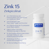 Das Bild zeigt eine Produktverpackung von "Zink 15 Zinkpicolinat" von Pure Encapsulations auf einem weißen Hintergrund. Links sind die Vorteile des Produkts aufgelistet, darunter Unterstützung des Immunsystems, Fruchtbarkeit und Testosteronspiegel.