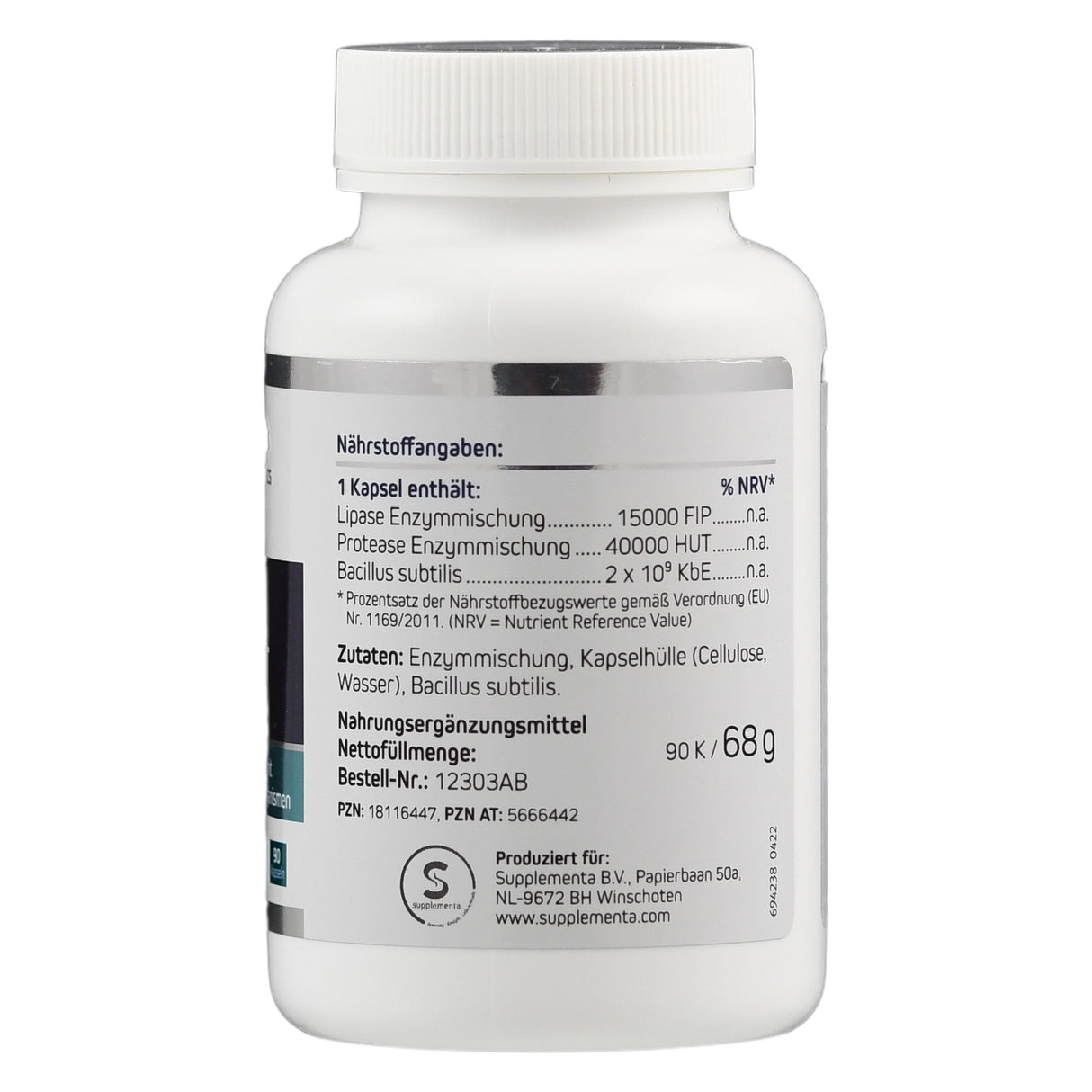 Weiße Flasche mit Nährstoffangaben für ein Nahrungsergänzungsmittel. Enthält Enzymmischungen und Bacillus subtilis. Nettogewicht: 68g.