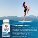 Das Bild zeigt eine Frau in Sportkleidung, die auf einem Felsen steht und ein Knie anhebt. Im Hintergrund sind Berge und ein klarer Himmel zu sehen. Unten links ist eine Flasche mit der Aufschrift 'Liposomales Eisen + C' abgebildet. Daneben steht ein Text, der die Vorteile von Eisen und Vitamin C beschreibt.