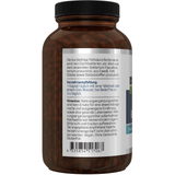 Eine weiße Plastikflasche mit dem Etikett 'Butyri Plex' von American Biologics. Auf dem Etikett steht 'Nahrungsergänzungsmittel mit Buttersäure, 600 mg pro Kapsel, 60 Kapseln'. Die Flasche ist mit Symbolen für 'Vegan' und 'Non-GMO' versehen. Vor der Flasche liegen drei weiße Kapseln.