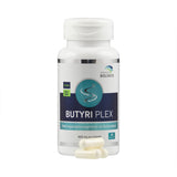 Eine weiße Plastikflasche mit dem Etikett 'Butyri Plex' von American Biologics. Auf dem Etikett steht 'Nahrungsergänzungsmittel mit Buttersäure, 600 mg pro Kapsel, 60 Kapseln'. Die Flasche ist mit Symbolen für 'Vegan' und 'Non-GMO' versehen. Vor der Flasche liegen drei weiße Kapseln.
