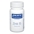 Eine weiße Kunststoffflasche mit einem blauen Etikett, auf dem "pure encapsulations" steht. Darunter steht "Das Original" und "Zink 15 Zinkpicolinat". Die Flasche ist zylindrisch mit einem Schraubverschluss. Keine weiteren Objekte oder Personen sind im Bild zu sehen.