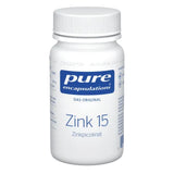 Eine weiße Kunststoffflasche mit einem blauen Etikett, auf dem "pure encapsulations" steht. Darunter steht "Das Original" und "Zink 15 Zinkpicolinat". Die Flasche ist zylindrisch mit einem Schraubverschluss. Keine weiteren Objekte oder Personen sind im Bild zu sehen.