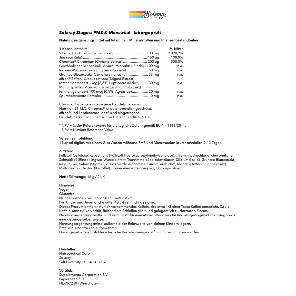 Eine Produktverpackung für Nahrungsergänzungsmittel namens 'Solaray Stages: PMS & Menstrual'. Die Verpackung enthält Informationen über Inhaltsstoffe, Verzehrempfehlung, Hersteller und Hinweise. Die Inhaltsstoffe umfassen Vitamine, Mineralstoffe und Pflanzenextrakte. Es gibt Angaben zu Nährwerten und spezielle Hinweise zur Anwendung. Die Verpackung ist weiß mit einem farbigen Logo oben links.