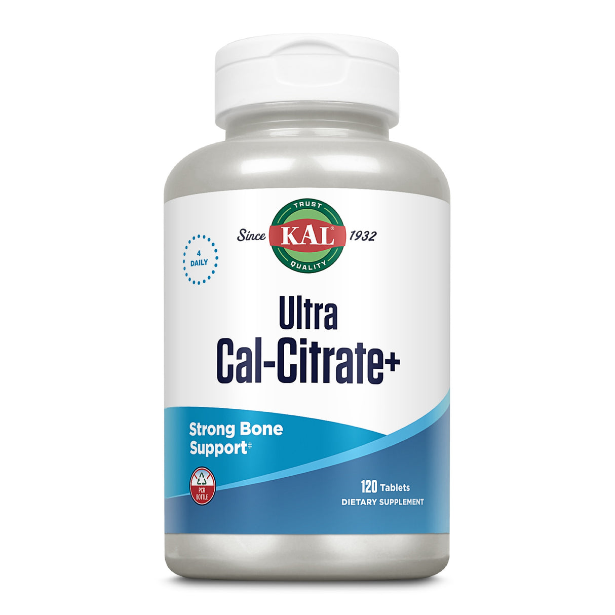 Das Bild zeigt eine weiße Plastikflasche mit einem grauen Deckel. Auf der Flasche befindet sich ein Etikett mit der Aufschrift 'KAL Ultra Cal-Citrate+', das für die Unterstützung starker Knochen wirbt. Es ist für den täglichen Gebrauch vorgesehen und enthält 120 Tabletten. Das Etikett ist in Blau- und Weißtönen gehalten, und das KAL-Logo ist prominent platziert.