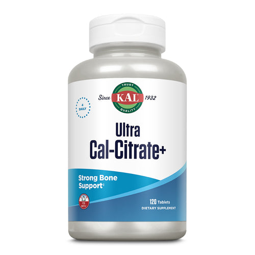 Das Bild zeigt eine weiße Plastikflasche mit einem grauen Deckel. Auf der Flasche befindet sich ein Etikett mit der Aufschrift 'KAL Ultra Cal-Citrate+', das für die Unterstützung starker Knochen wirbt. Es ist für den täglichen Gebrauch vorgesehen und enthält 120 Tabletten. Das Etikett ist in Blau- und Weißtönen gehalten, und das KAL-Logo ist prominent platziert.