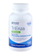 Eine weiße Plastikflasche mit dem Aufdruck 'TriEnza Chewable' von Houston Enzymes. Die Flasche enthält 180 kaubare Tabletten, die bei Verdauungsintoleranzen helfen sollen. Auf der Flasche sind Informationen zu den Inhaltsstoffen und der Qualität des Produkts angegeben.