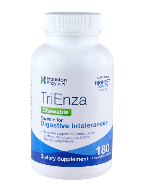 Eine weiße Plastikflasche mit dem Aufdruck 'TriEnza Chewable' von Houston Enzymes. Die Flasche enthält 180 kaubare Tabletten, die bei Verdauungsintoleranzen helfen sollen. Auf der Flasche sind Informationen zu den Inhaltsstoffen und der Qualität des Produkts angegeben.