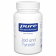 Ein weißes Kunststoffgefäß mit Schraubdeckel, auf dem Etikett steht 'pure encapsulations DAS ORIGINAL Jod und Tyrosin'.