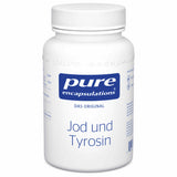 Ein weißes Kunststoffgefäß mit Schraubdeckel, auf dem Etikett steht 'pure encapsulations DAS ORIGINAL Jod und Tyrosin'.