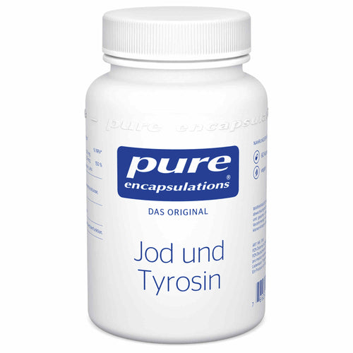 Ein weißes Kunststoffgefäß mit Schraubdeckel, auf dem Etikett steht 'pure encapsulations DAS ORIGINAL Jod und Tyrosin'.
