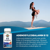 Frau in Sportkleidung dehnt sich vor Bergkulisse. Werbebild für Adenosylcobalamin B12 mit Text über dessen Rolle im Energiestoffwechsel.