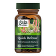 Ein braunes Glas mit einem grünen Deckel, das Nahrungsergänzungsmittel von Gaia Herbs enthält. Auf dem Etikett steht 'Quick Defense' mit Echinacea und Holunderbeere für Immunsystemunterstützung. Es sind 20 vegane Flüssigkapseln enthalten.