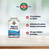 Flasche mit Nahrungsergänzungsmittel 'Malic Acid with Magnesium' von KAL. Enthält 375 mg Apfelsäure pro Tablette, ActiSorb Base, 120 vegane Tabletten.