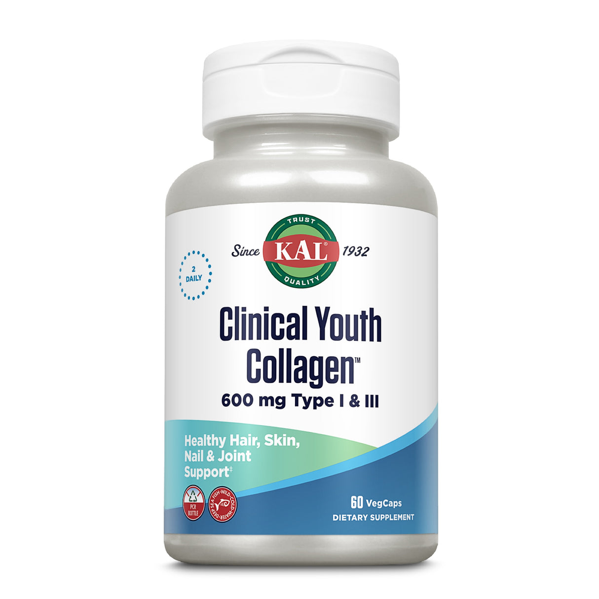 Weiße Flasche mit KAL-Logo, "Clinical Youth Collagen" Aufschrift, 600 mg Typ I & III, 60 VegCaps, unterstützt Haare, Haut, Nägel, Gelenke.