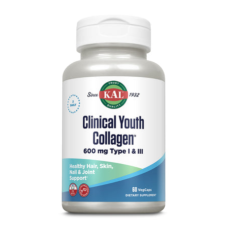Weiße Flasche mit KAL-Logo, "Clinical Youth Collagen" Aufschrift, 600 mg Typ I & III, 60 VegCaps, unterstützt Haare, Haut, Nägel, Gelenke.