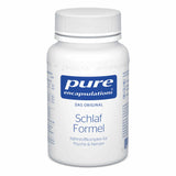 Ein weißer Behälter mit einem blauen Etikett, auf dem "pure encapsulations" steht. Darunter steht "Schlaf Formel" und "Nährstoffkomplex für Psyche & Nerven". Der Hintergrund ist weiß.