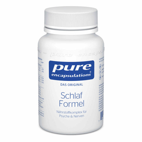 Ein weißer Behälter mit einem blauen Etikett, auf dem "pure encapsulations" steht. Darunter steht "Schlaf Formel" und "Nährstoffkomplex für Psyche & Nerven". Der Hintergrund ist weiß.