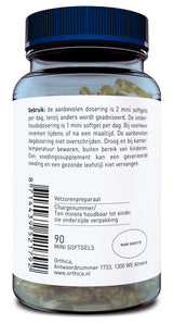 Das Bild zeigt eine Flasche mit Nahrungsergänzungsmitteln der Marke Orthica. Die Flasche hat einen blauen Deckel und enthält 90 Mini-Softgels. Auf dem Etikett stehen Dosierungshinweise und Herstellerinformationen auf Niederländisch. Ein Barcode ist ebenfalls sichtbar. Die Flasche ist transparent, sodass die gelben Softgels im Inneren zu sehen sind.
