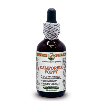 Eine Flasche mit braunem Inhalt und einem weißen Etikett. Auf dem Etikett steht „California Poppy“ und „Hawaii Pharm“. Die Flasche hat eine Pipette als Verschluss. Es handelt sich um ein pflanzliches Nahrungsergänzungsmittel.