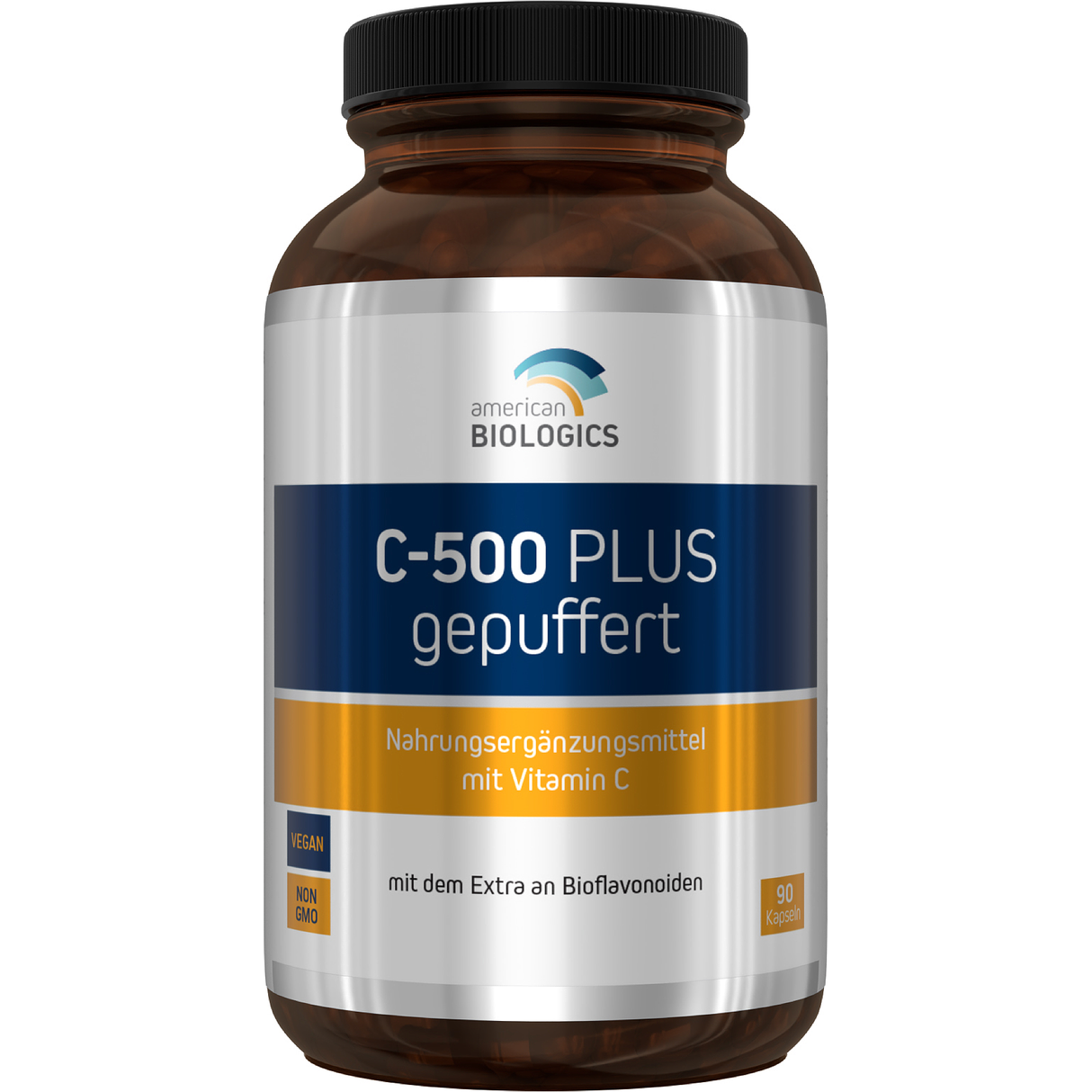 Eine weiße Plastikflasche mit einem Etikett, das die Nährstoffangaben eines Vitamin-C-Präparats zeigt. Die Flasche ist von hinten fotografiert, sodass der Text auf dem Etikett gut lesbar ist. Es sind Details zu den Inhaltsstoffen und der Haltbarkeit abgebildet.