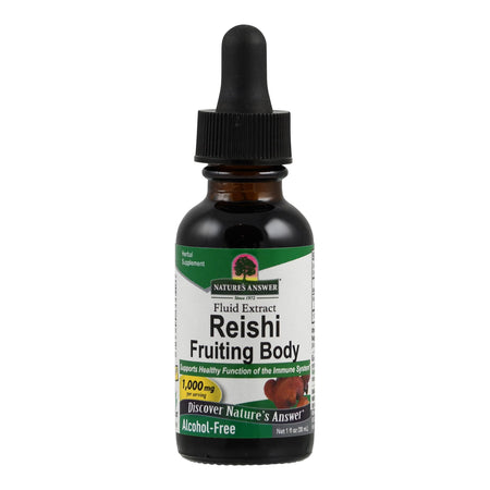 Das Bild zeigt eine Flasche mit Flüssigextrakt des Reishi-Pilzes von Nature's Answer. Die Flasche ist dunkel mit einem Etikett, das Informationen über den Inhalt und die Dosierung enthält. Der Extrakt ist alkoholfrei und unterstützt das Immunsystem.