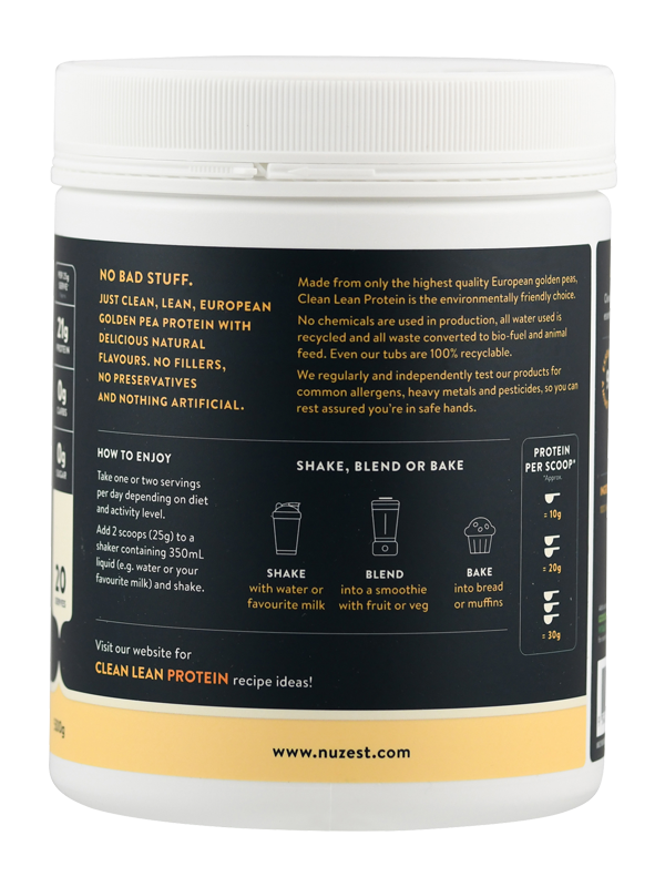 Proteinpulver-Dose mit Etikett. Enthält Informationen über Inhaltsstoffe, Verwendung und Proteinanteil. Marke: Nuzest.