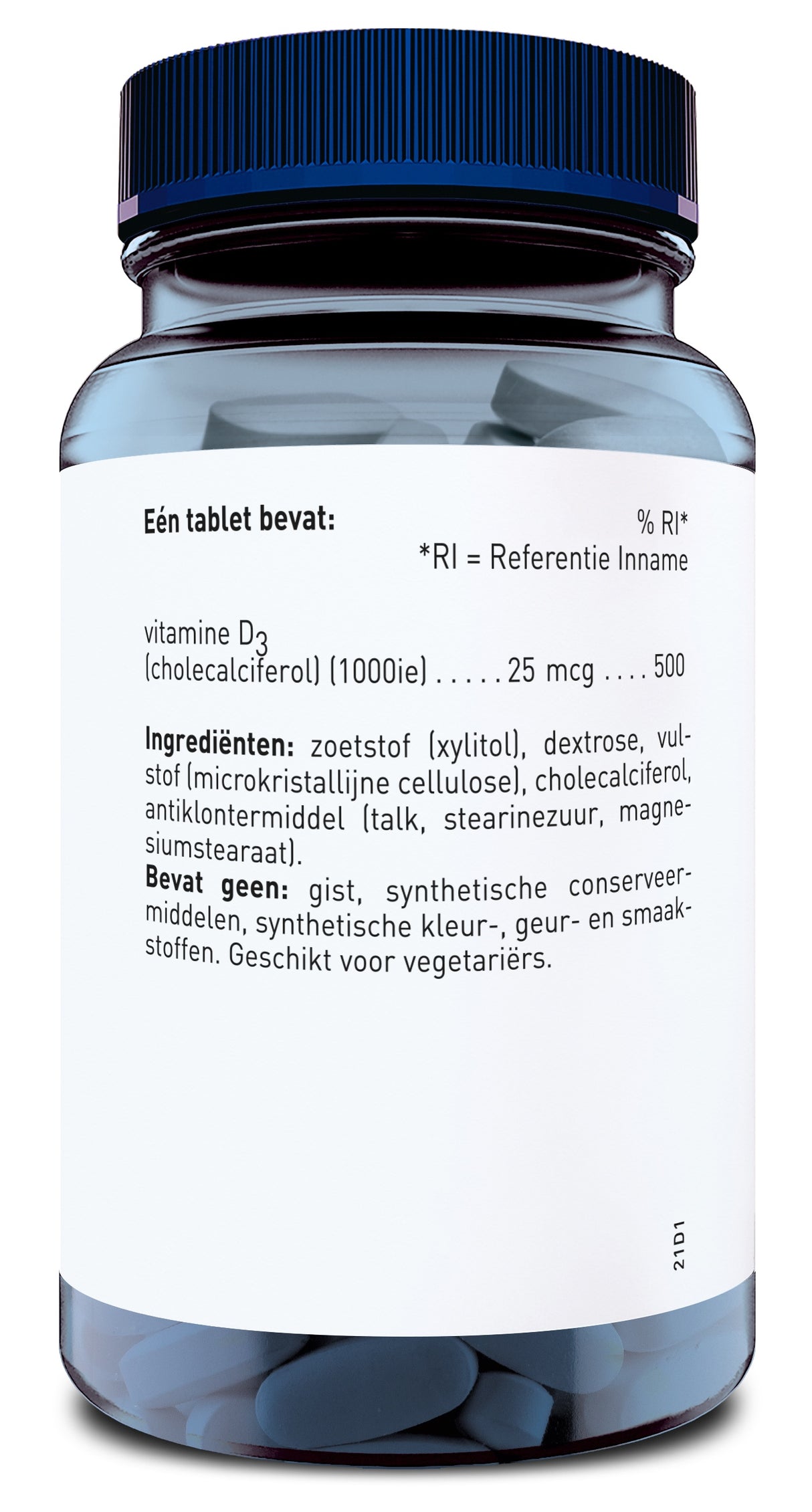 Ein Glasbehälter mit blauem Deckel enthält Tabletten. Auf dem Etikett steht in niederländischer Sprache die Inhaltsbeschreibung: Vitamin D3 (Cholecalciferol) 25 mcg, Zutaten wie Xylitol und Dextrose, und es ist für Vegetarier geeignet.