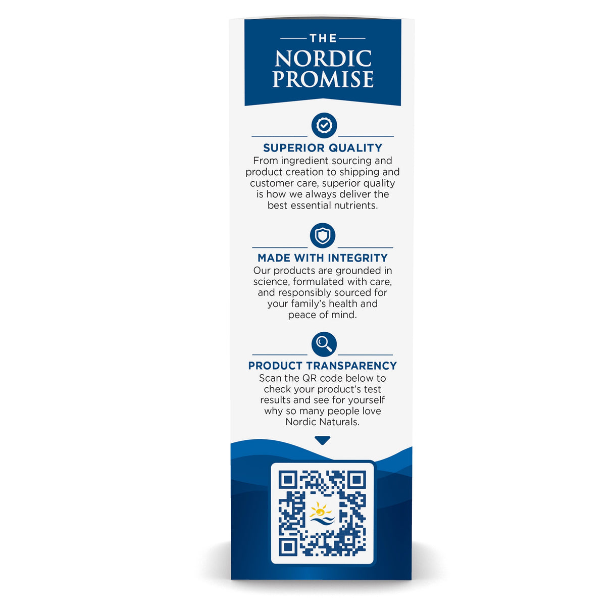 Ein Flyer mit dem Titel 'The Nordic Promise' beschreibt die Prinzipien: überlegene Qualität, Integrität und Produkttransparenz. Ein QR-Code ist enthalten.