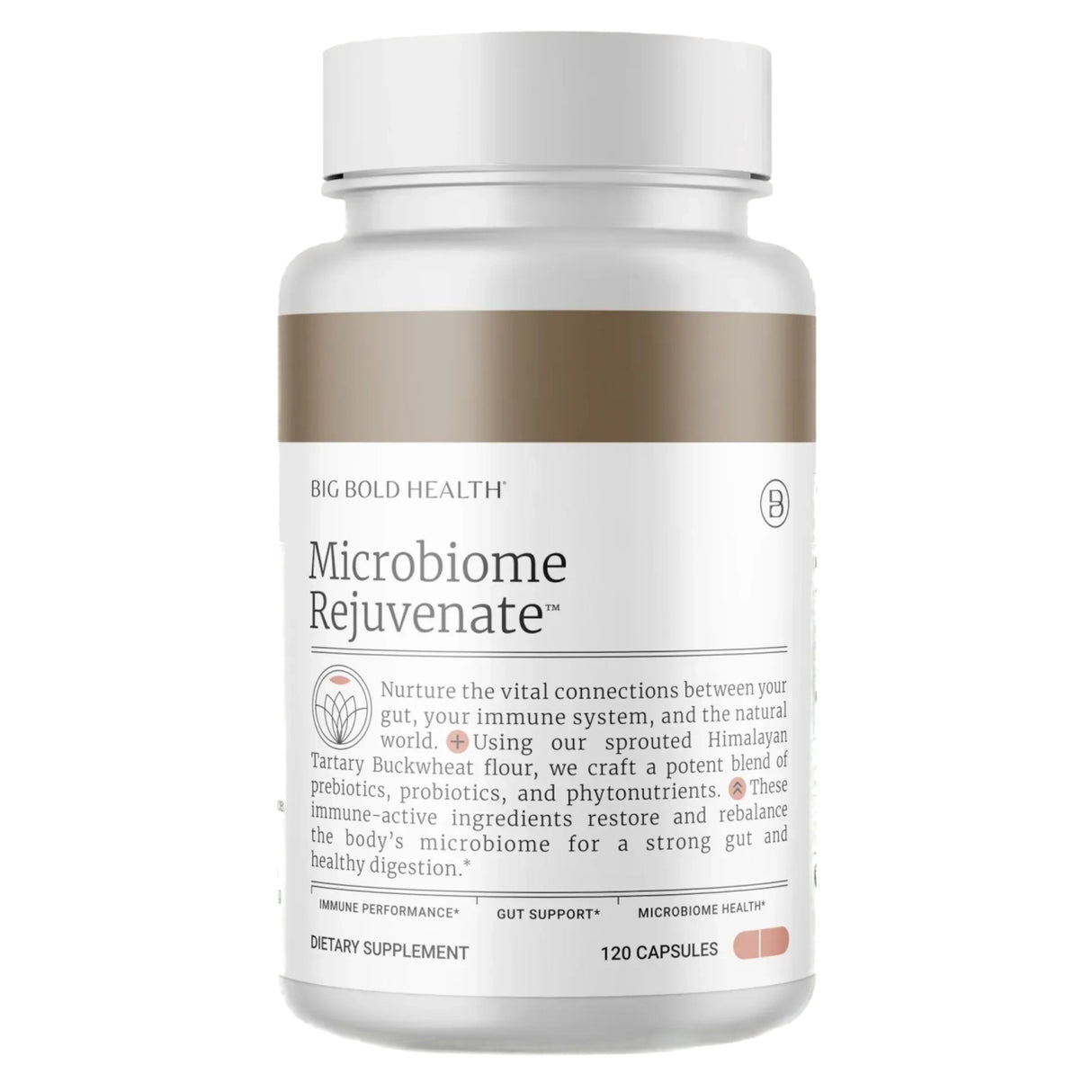 Das Bild zeigt eine weiße Plastikflasche mit einem braunen Etikett. Auf dem Etikett steht 'BIG BOLD HEALTH Microbiome Rejuvenate'. Die Flasche enthält 120 Kapseln eines Nahrungsergänzungsmittels. Der Text auf dem Etikett beschreibt die Förderung der Darmgesundheit durch Präbiotika, Probiotika und Phytonährstoffe. Die Flasche steht vor einem weißen Hintergrund.
