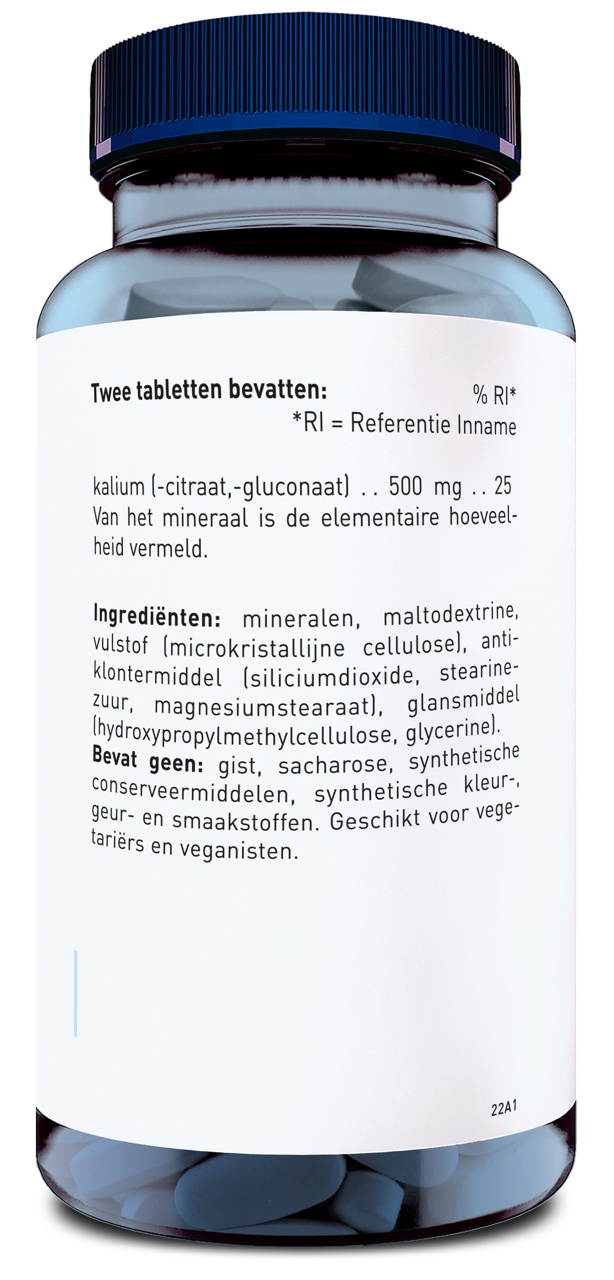 Ein blaues Glas mit einem weißen Etikett, auf dem die Inhaltsstoffe von Tabletten auf Niederländisch beschrieben sind. Es enthält Informationen über Kalium und andere Zutaten wie Mineralien und Maltodextrin. Geeignet für Vegetarier und Veganer.