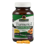Das Bild zeigt eine braune Flasche mit weißem Deckel, die mit einem Etikett versehen ist. Auf dem Etikett steht 'Nature's Answer Turmeric-3'. Die Flasche ist ein Nahrungsergänzungsmittel, das die gesunde Gelenkfunktion unterstützt. Vor der Flasche liegen zwei gelbe Kapseln. Die Flasche enthält 90 vegetarische Kapseln und ist vegan sowie glutenfrei.