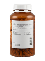 Braune Flasche mit weißem Etikett, enthält Nahrungsergänzungsmittel. Text beschreibt Lagerung und Herstellerinformationen. Geeignet für Vegetarier.