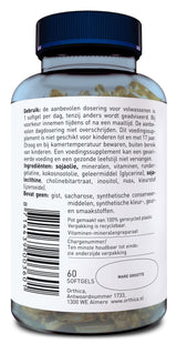 Ein blau-weißer Behälter mit einem Schraubverschluss enthält 60 Softgels. Der Behälter hat ein Etikett mit Text in niederländischer Sprache. Auf dem Etikett sind Gebrauchsanweisungen, Inhaltsstoffe und Herstellerinformationen angegeben. Der Behälter ist aus recyceltem Plastik hergestellt.