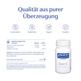 Das Bild zeigt eine Produktpräsentation für ein Nahrungsergänzungsmittel namens 'Eisen-C' von Pure Encapsulations. Oben steht der Slogan 'Qualität aus purer Überzeugung'. Darunter sind Symbole für Laktosefreiheit, Glutenfreiheit, Veganismus und Sojafreiheit. Auf der linken Seite sind die Inhaltsstoffe und Nährwerte aufgelistet, während rechts eine Flasche des Produkts abgebildet ist.
