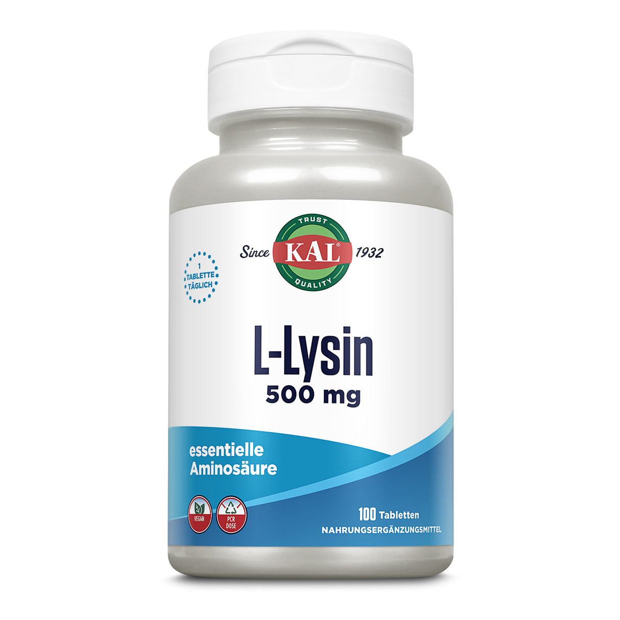 Das Bild zeigt eine weiße Plastikflasche mit einem Etikett, auf dem "KAL L-Lysin 500 mg" steht. Die Flasche enthält 100 Tabletten einer essentiellen Aminosäure. Das Etikett ist blau und weiß mit einem roten KAL-Logo.