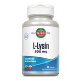 Das Bild zeigt eine weiße Plastikflasche mit einem Etikett, auf dem "KAL L-Lysin 500 mg" steht. Die Flasche enthält 100 Tabletten einer essentiellen Aminosäure. Das Etikett ist blau und weiß mit einem roten KAL-Logo.