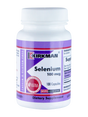 Ein weißes Plastikfläschchen mit violettem Etikett, auf dem "Kirkman Selenium 100 mcg" steht. Es enthält 100 Kapseln und ist hypoallergen sowie glutenfrei. Das Etikett zeigt auch das "Ultra Tested"-Siegel.