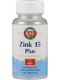 Das Bild zeigt eine Plastikflasche mit einem weißen Schraubverschluss. Auf dem Etikett steht 'KAL Zink 15 Plus', ein Nahrungsergänzungsmittel. Die Flasche enthält 100 Tabletten und ist für den täglichen Gebrauch bestimmt. Das Etikett ist hauptsächlich weiß mit einem blauen Abschnitt am unteren Rand, auf dem steht, dass das Produkt Betain HCl für optimierte Resorption enthält. Das Logo 'KAL' ist prominent in der Mitte des Etiketts platziert.