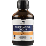 Eine braune Glasflasche mit schwarzem Schraubverschluss, etikettiert mit 'American Biologics Phosphatidyl-Cholin'. Das Etikett zeigt Informationen über das Nahrungsergänzungsmittel, einschließlich 'vegan' und 'non-GMO'. Die Flasche enthält 150 ml.