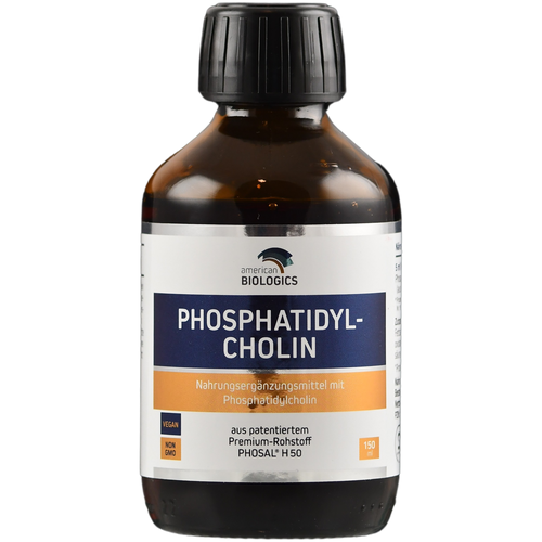 Eine braune Glasflasche mit schwarzem Schraubverschluss, etikettiert mit 'American Biologics Phosphatidyl-Cholin'. Das Etikett zeigt Informationen über das Nahrungsergänzungsmittel, einschließlich 'vegan' und 'non-GMO'. Die Flasche enthält 150 ml.