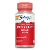 Das Bild zeigt eine Flasche mit Nahrungsergänzungsmittel von Solaray. Die Flasche ist rot und weiß, mit der Aufschrift 'Red Yeast Rice 600 mg'. Sie enthält 45 Vegcaps, ist nicht bestrahlt und citrininfrei. Das Produkt unterstützt die Herzgesundheit.