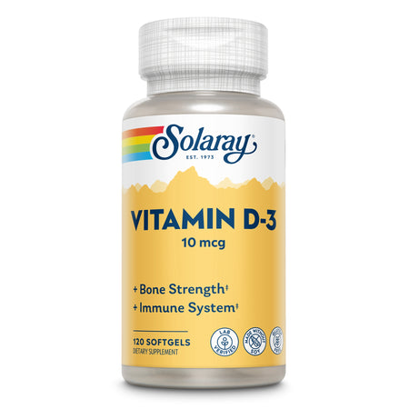 Das Bild zeigt eine Flasche Solaray Vitamin D-3 mit 120 Softgels. Die Flasche ist weiß mit einem gelben Etikett, auf dem die Produktinformationen stehen. Oben ist das Solaray-Logo in Regenbogenfarben zu sehen. Die Flasche verspricht Unterstützung für Knochengesundheit und Immunsystem. Es gibt Symbole für lab verified, made without soy und gluten free.