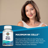 Frau lächelt neben einer Flasche "Maximum NK Cells" Nahrungsergänzungsmittel. Text beschreibt die Inhaltsstoffe: Lärchenbaum Extrakt, Beta Glucan, Aloe Vera, Pilze.