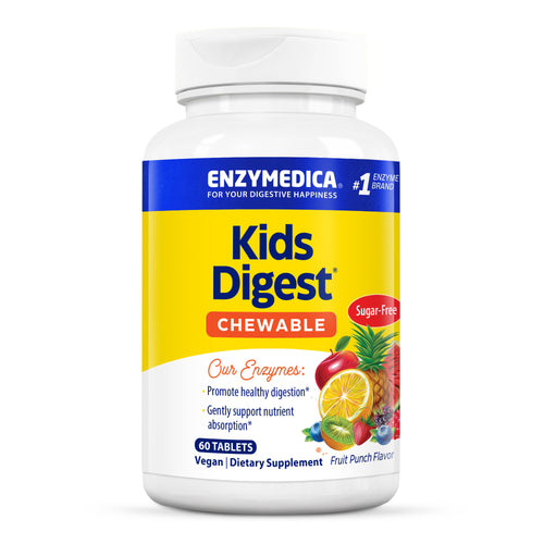 Das Bild zeigt eine weiße Plastikflasche mit einem gelben Etikett, auf dem "Kids Digest Chewable" steht. Die Marke Enzymedica ist oben auf dem Etikett zu sehen. Das Produkt ist zuckerfrei und vegan, mit Fruchtgeschmack. Auf dem Etikett sind Früchte wie Ananas und Zitrone abgebildet.